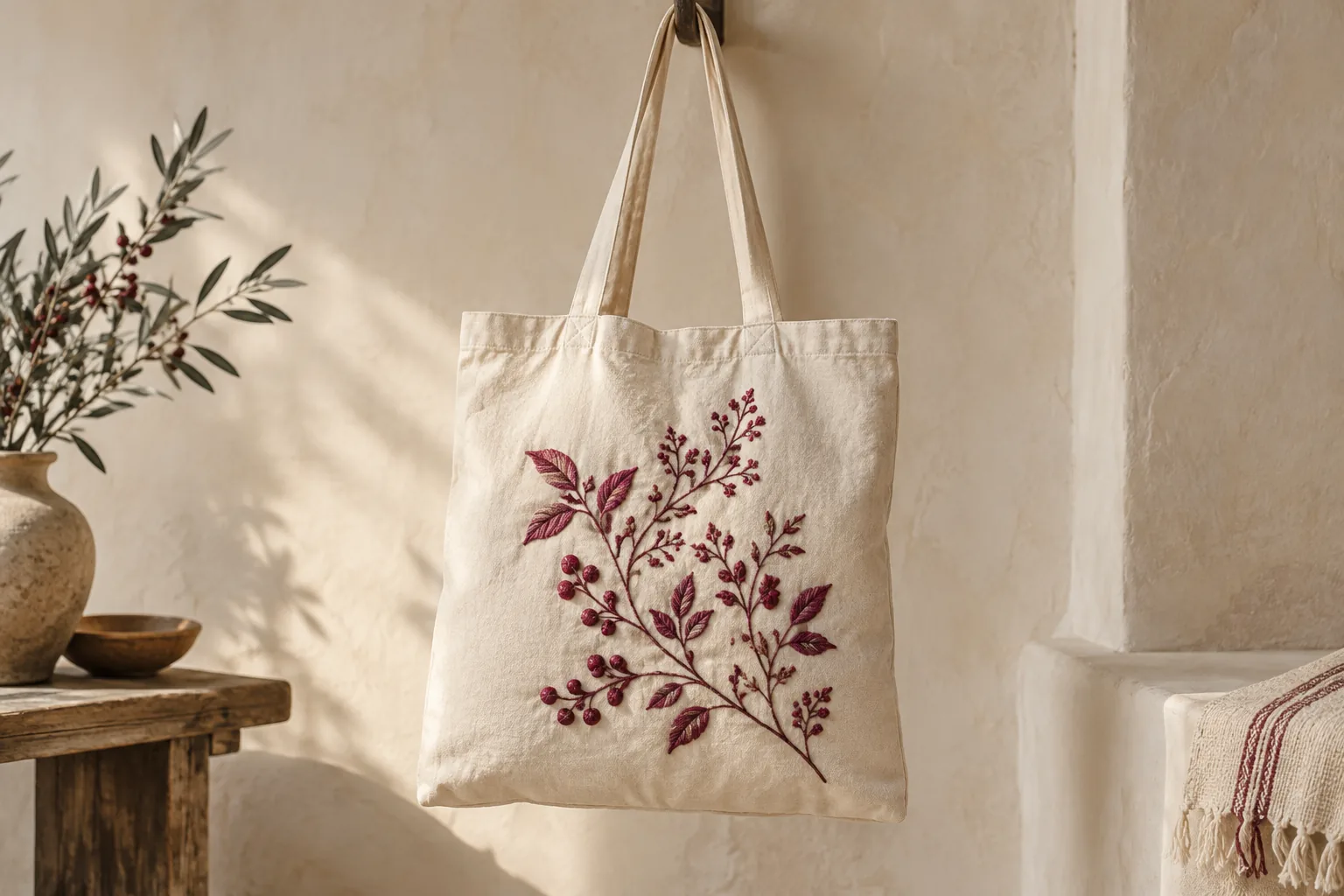 Natural textile bag with berry botanical embroidery