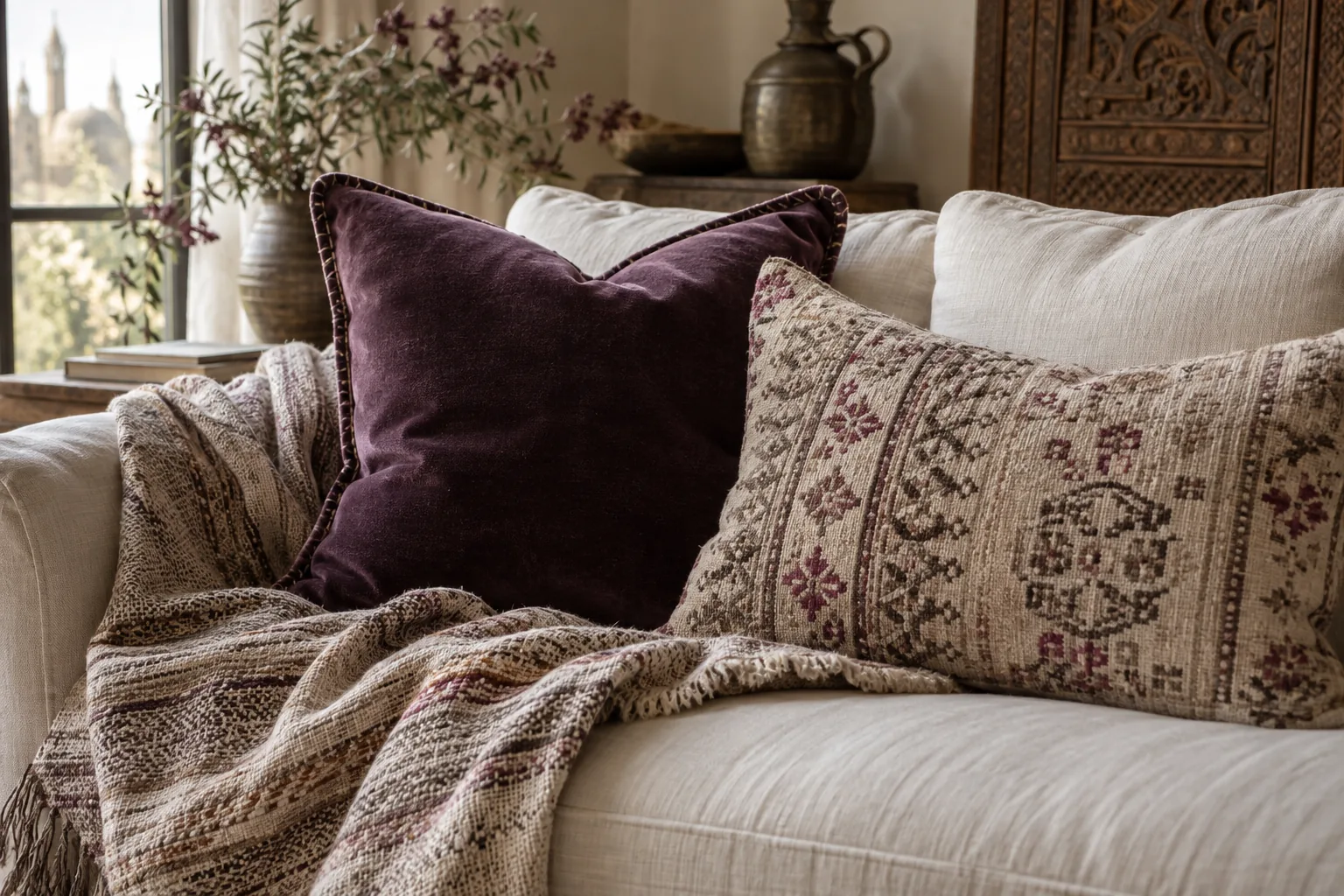 Plum velvet and patterned cushions in a tonal interior
