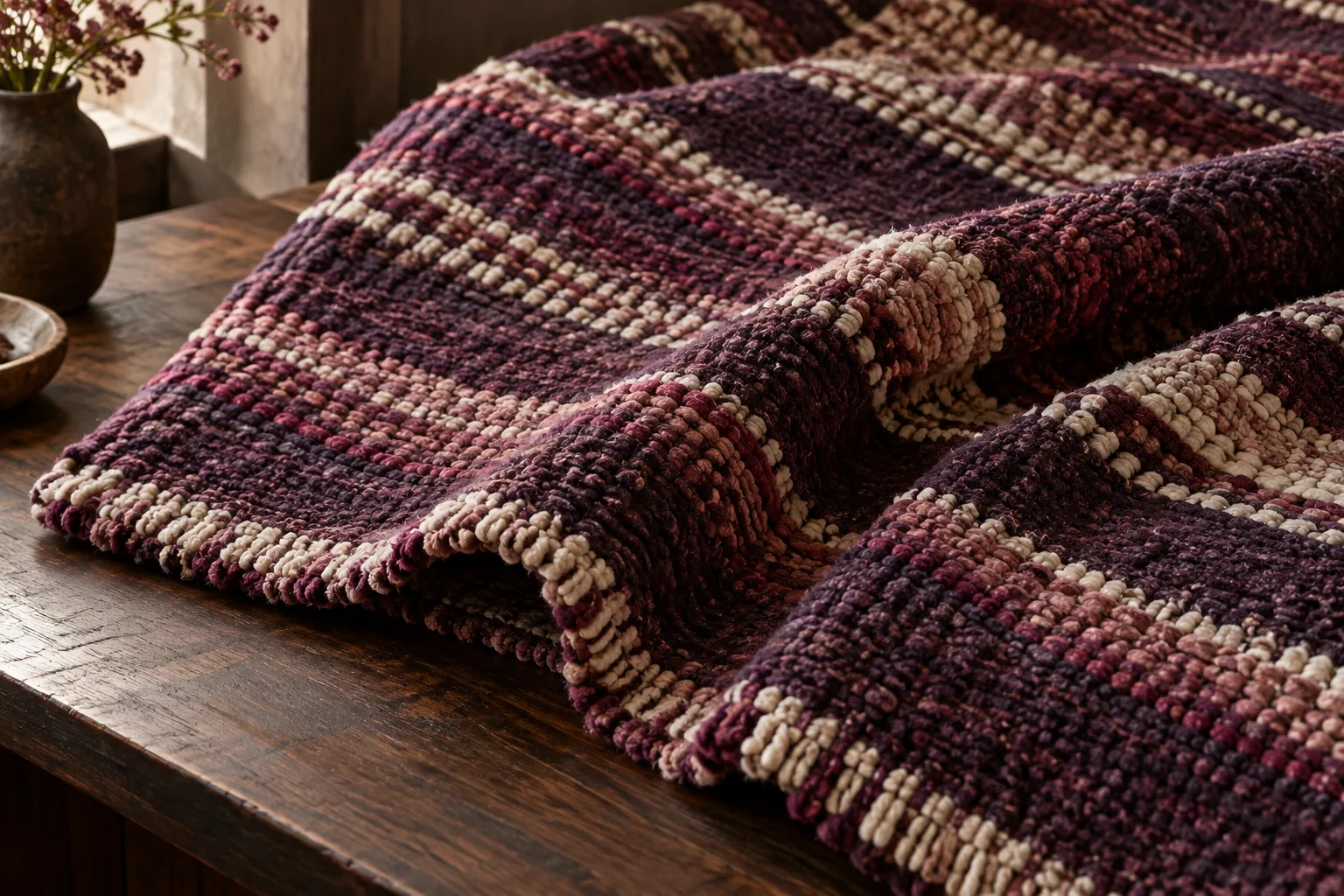 Textured rug in plum, berry and soft neutral tones